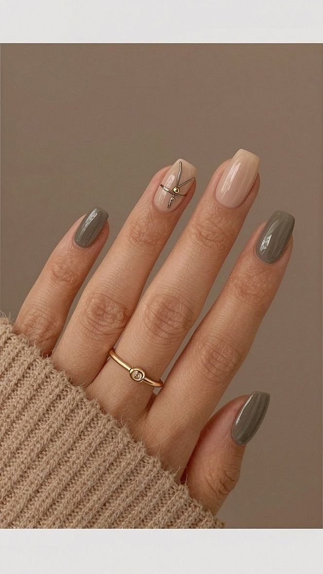 Adding Metallic Accents to Muted Autumn Almond Nails