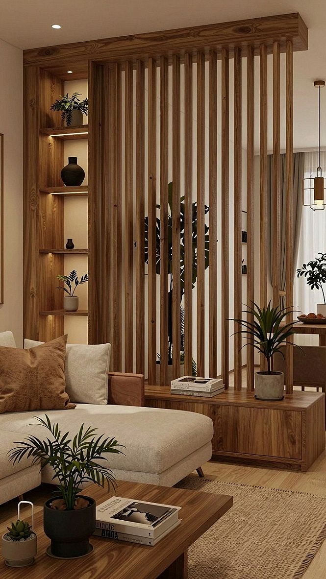 Using Wood Slat Dividers to Zone Small Spaces