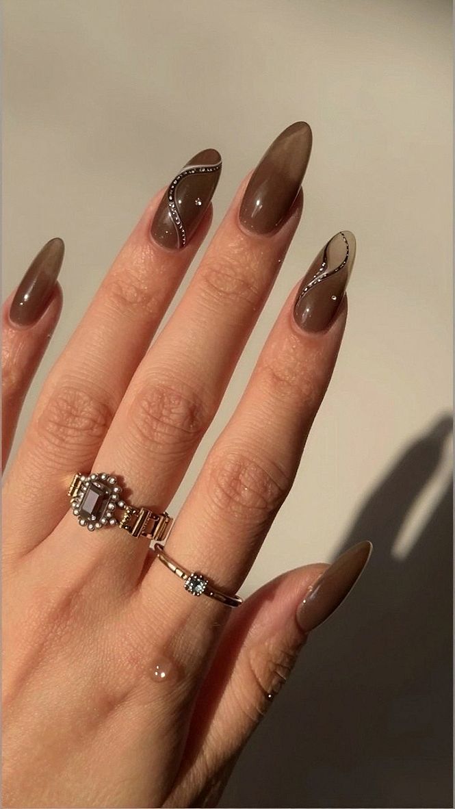 Adding Delicate Swirls and Tiny Gems to Brown Nails