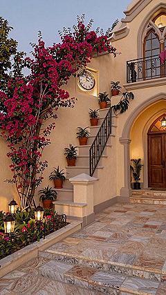 Charming Coastal Architecture and Sunset Courtyards