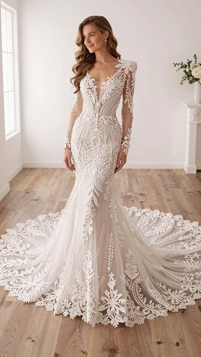 Pairing Long Sleeves With a Lace Mermaid Wedding Dress Train