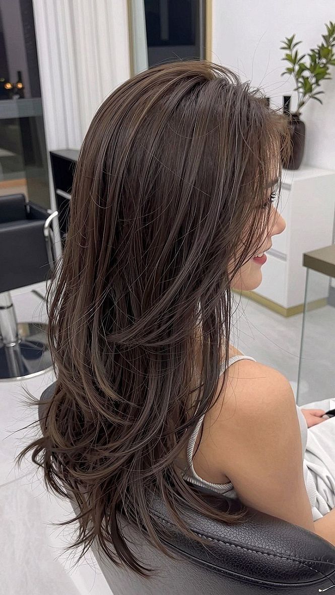 Soft Chestnut Highlights for Long Dark Layers