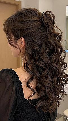 Loose Half Up Ponytail with Soft Curls and Pearls