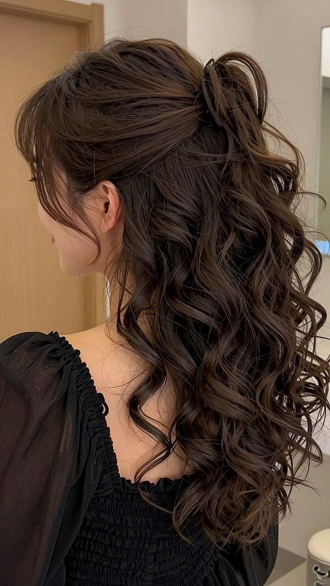 Loose Half Up Ponytail with Soft Curls and Pearls