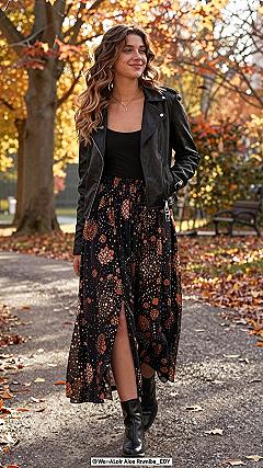 Pairing a Printed Maxi Skirt with a Leather Biker Jacket