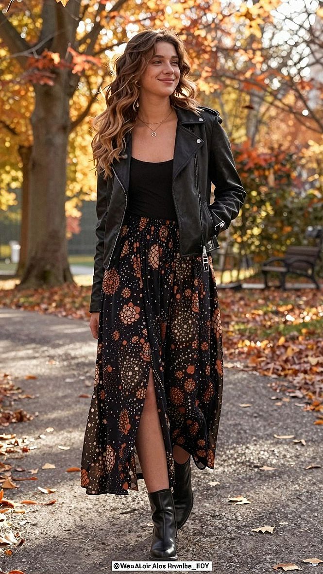 Pairing a Printed Maxi Skirt with a Leather Biker Jacket