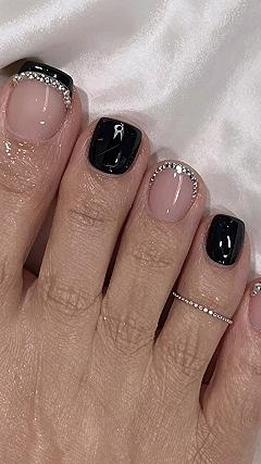 Chic Black French Tips With Rhinestone Accents