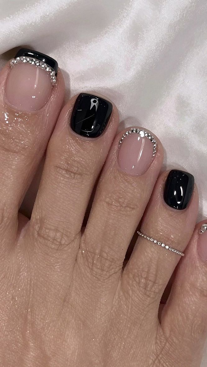 Chic Black French Tips With Rhinestone Accents