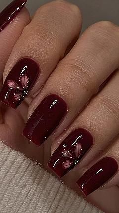 Chic Burgundy Pedicure Ideas with Spooky Floral Accents