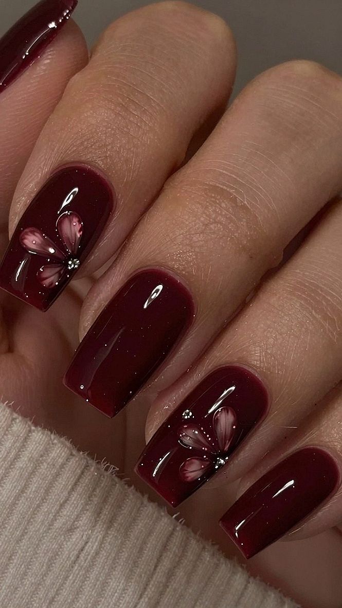 Chic Burgundy Pedicure Ideas with Spooky Floral Accents