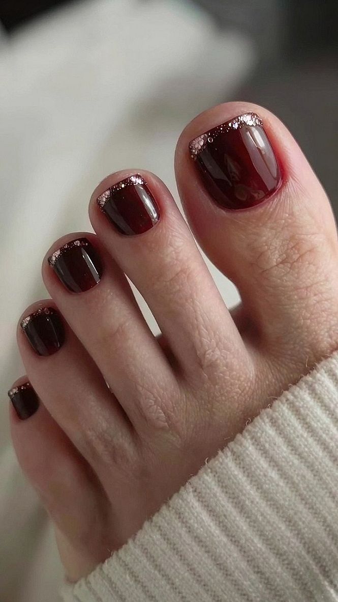 Cozy Brown Pedicures With Delicate Shimmer Tips