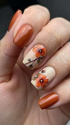 Warm Amber Pedicures With Delicate Autumn Blossoms