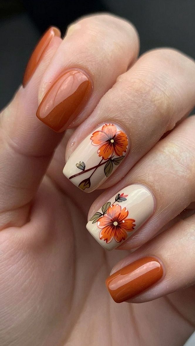Warm Amber Pedicures With Delicate Autumn Blossoms