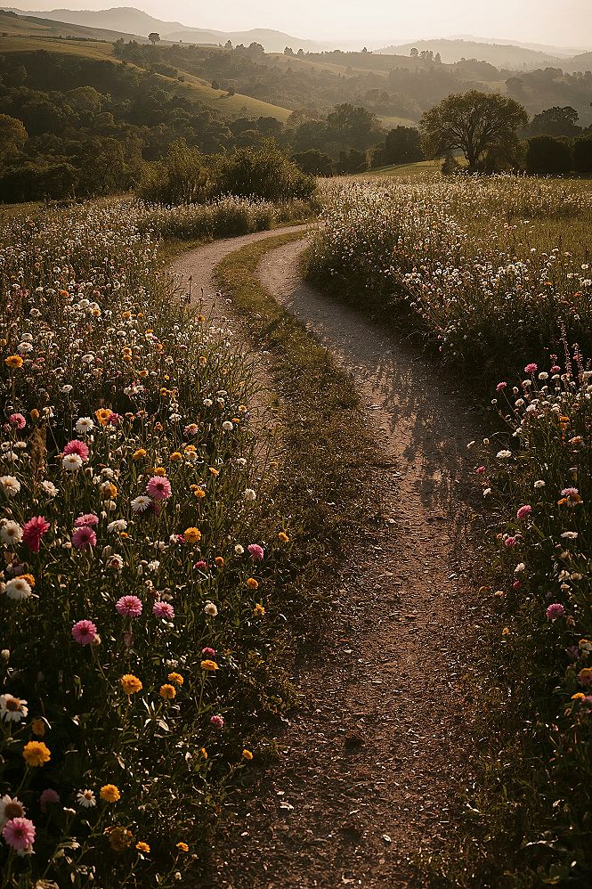 Rustic Countryside Drive Aesthetic with Blooming Wildflowers