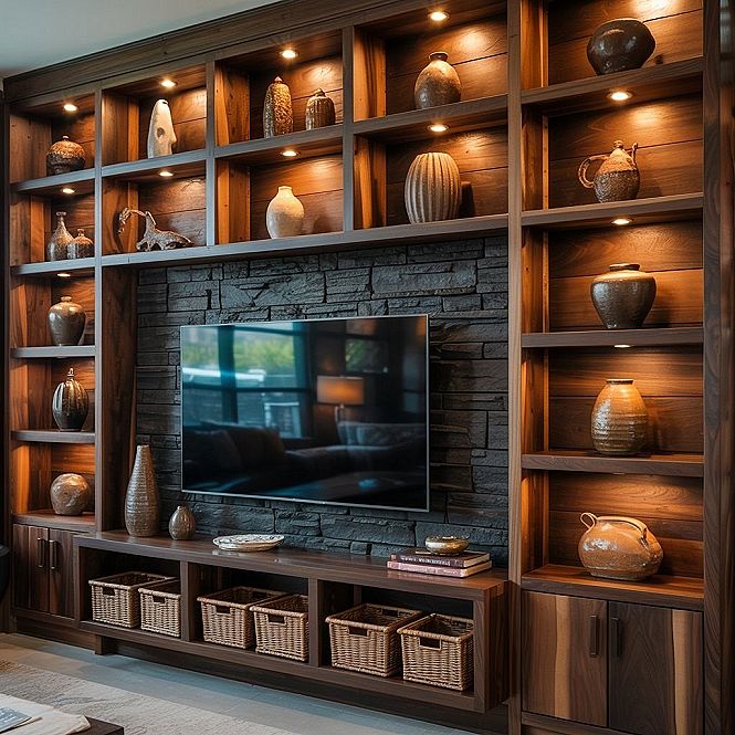 Rustic Media Center with Integrated Shelves: Cool TV Wall Ideas