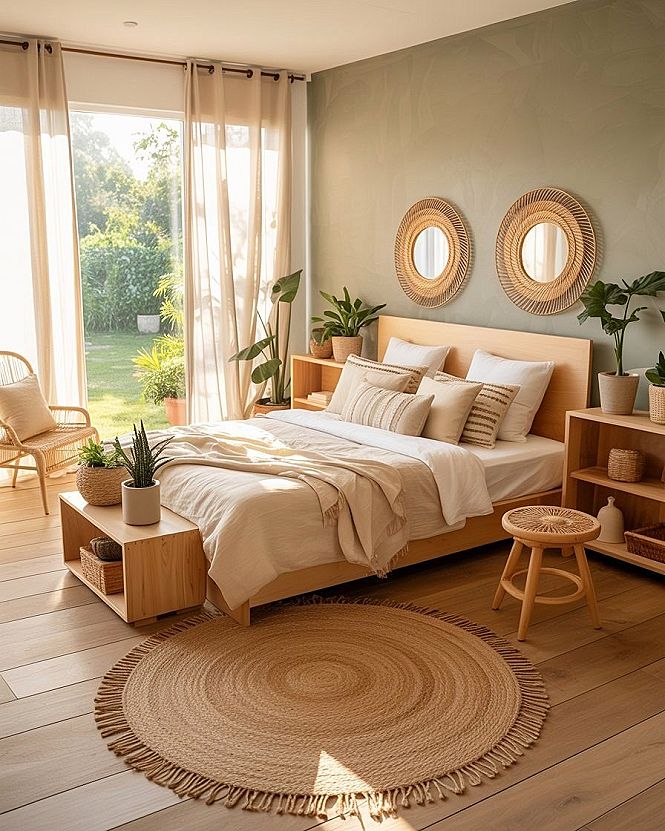 Boho Bedroom Green Accent Wall: Natural Wood & Serene Sanctuary