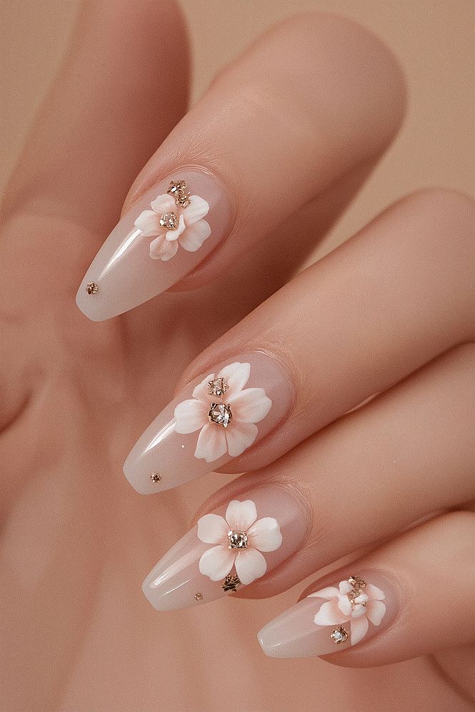 Dainty Almond Floral Nails with Luxurious Dark Pink French Tips