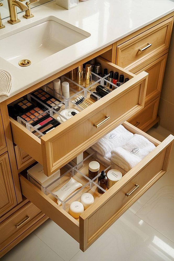 Clutter-Free Full Bathroom Design: Smart Vanity Drawer Organization