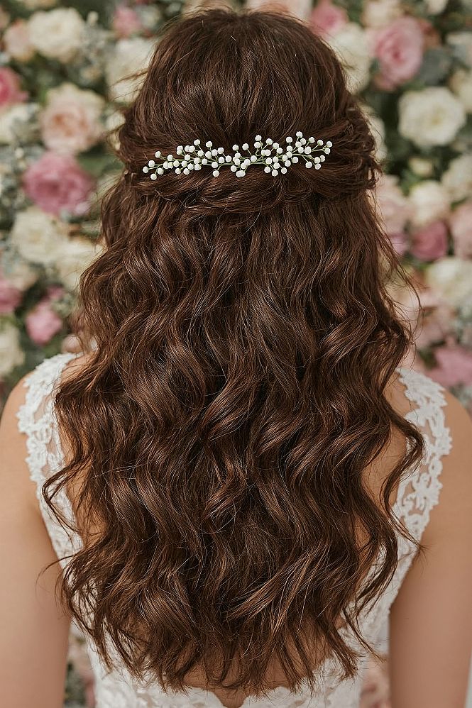 Curly Half Up Half Down Wedding Hair with White Flowers