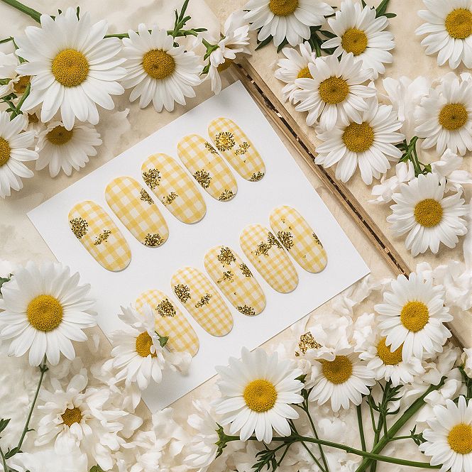 Sunny Yellow Gingham & 3D Daisy Press-Ons for Summer