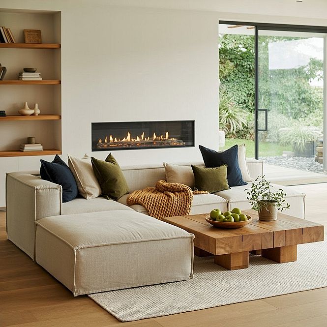Scandi Style Living Room: Cozy Modern Fireplace & Natural Wood