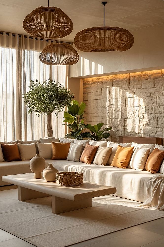 Organic Modern Lounge: Cozy Zen Living Room Design with Wood Accents
