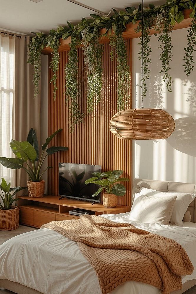 Jungle Style Bedroom Retreat: Nature Theme Slat Wall for Serene Living