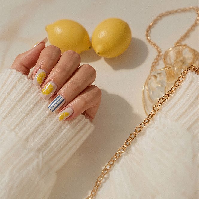 Lemon & Blue Stripe Short Square Nails: Fun Summer Nail Art