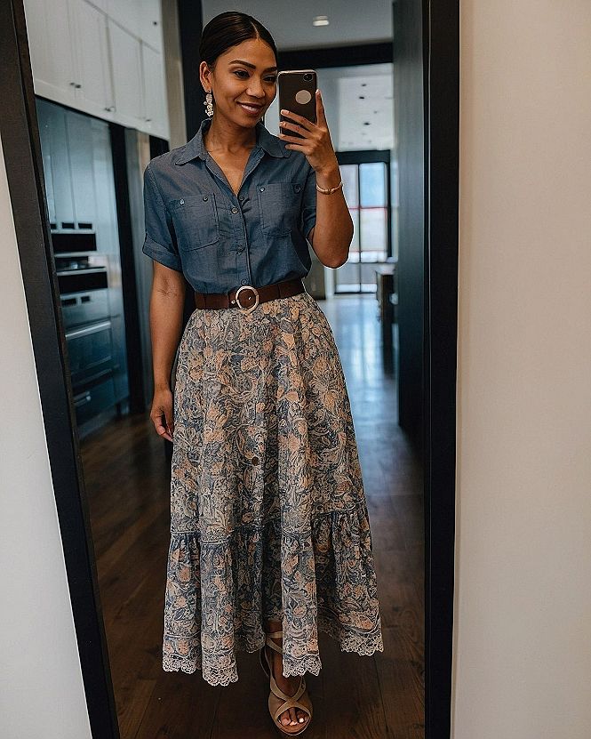 Styling Denim Shirts With Patterned Midi Skirts
