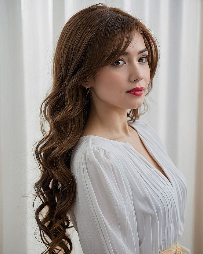 Textured Long Curls With Soft Side Swept Bangs