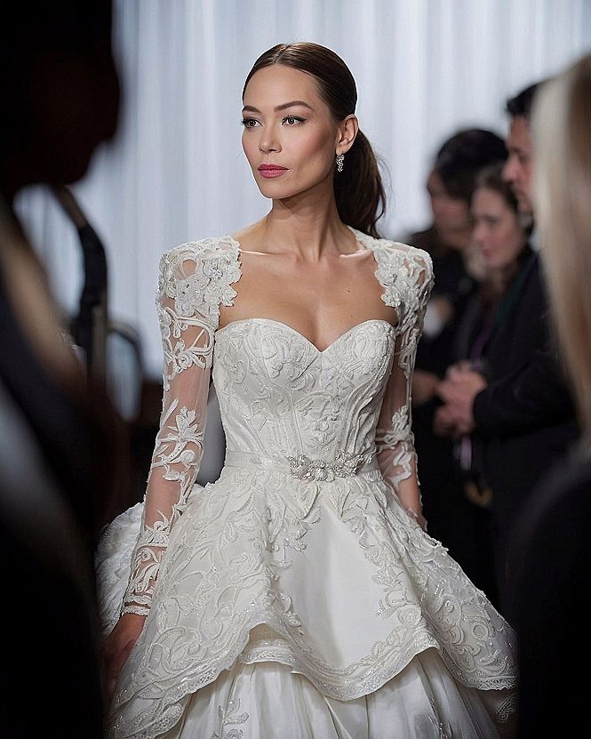 Selecting a Basque Waist Gown with Structured Long Sleeves