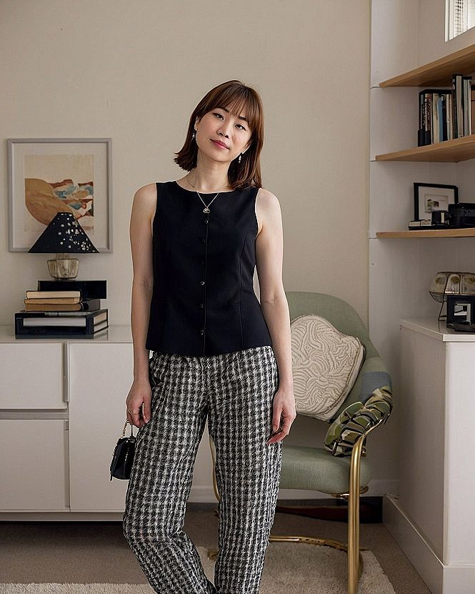 Selecting a Button-Front Shell Top With Patterned Pants