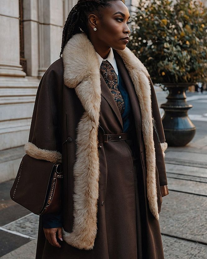 Layering a Shearling Trim Coat with a Patterned Necktie