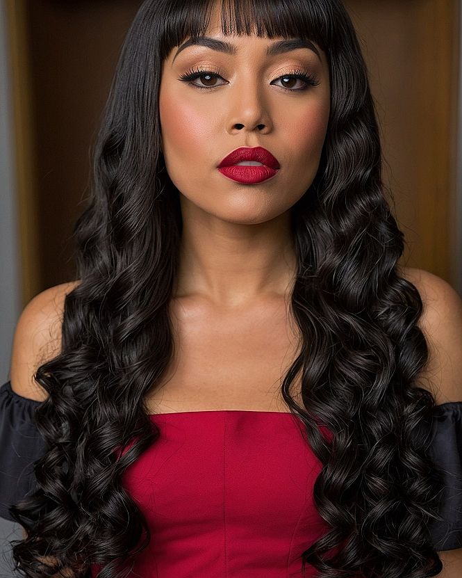 How to Style Long Wavy Hair with Full Bangs