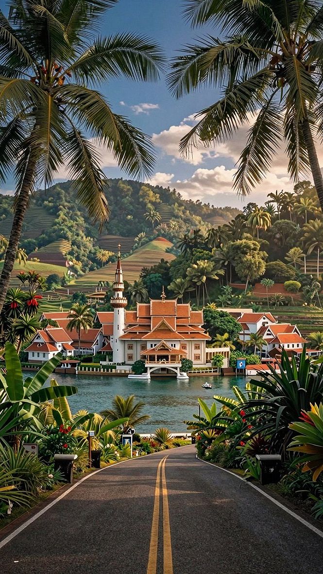 Selecting Coastal Routes With Palm Trees And Water Views