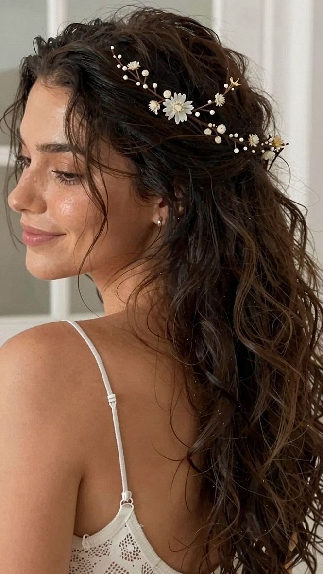 Pairing Delicate Floral Hair Vines With Curly Half Updos