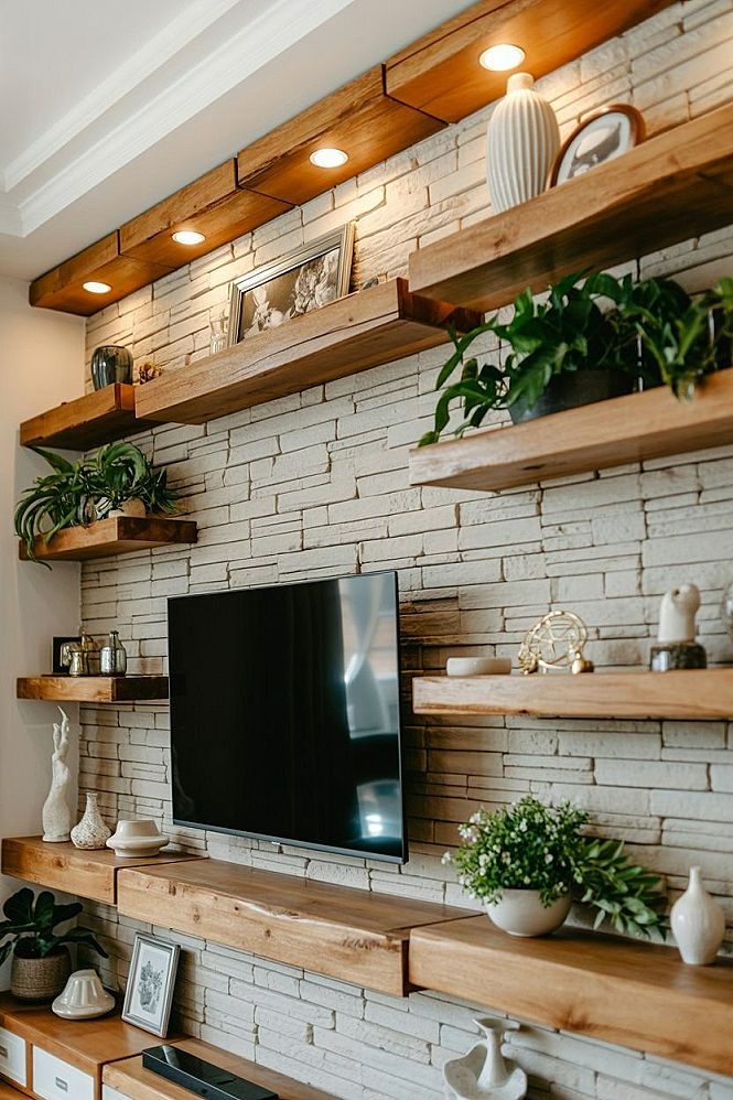 Rustic Stone Wall Living Room with Floating Shelves: Apartment Design