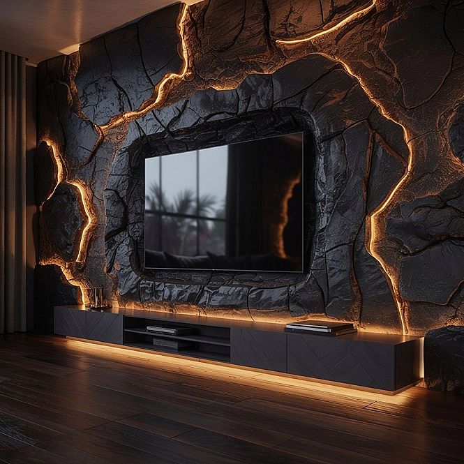 Dramatic Stone Walls & Lighting: Modern TV Wall Makeover