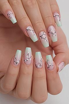 Gorgeous Pink & Green Ombre Coffin Nails with Cherry Blossoms