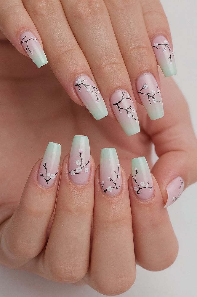 Gorgeous Pink & Green Ombre Coffin Nails with Cherry Blossoms