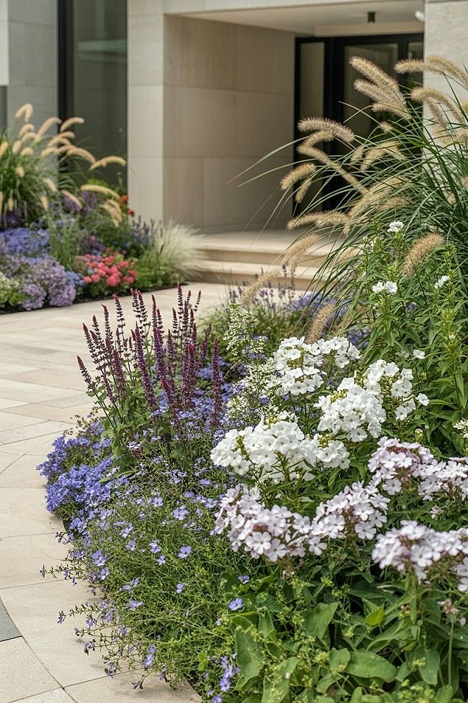 Stunning Front Yard Garden with Purple Flowers & Ornamental Grasses