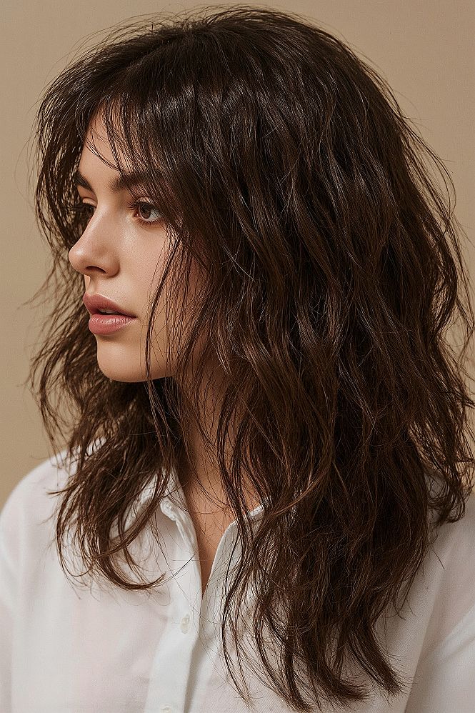 The Ultimate Wolf Cut: Long Wavy Hair with Wispy Curtain Bangs