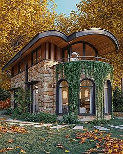 Rustic Modern Exterior: Stone, Wood & Unique Window Architecture