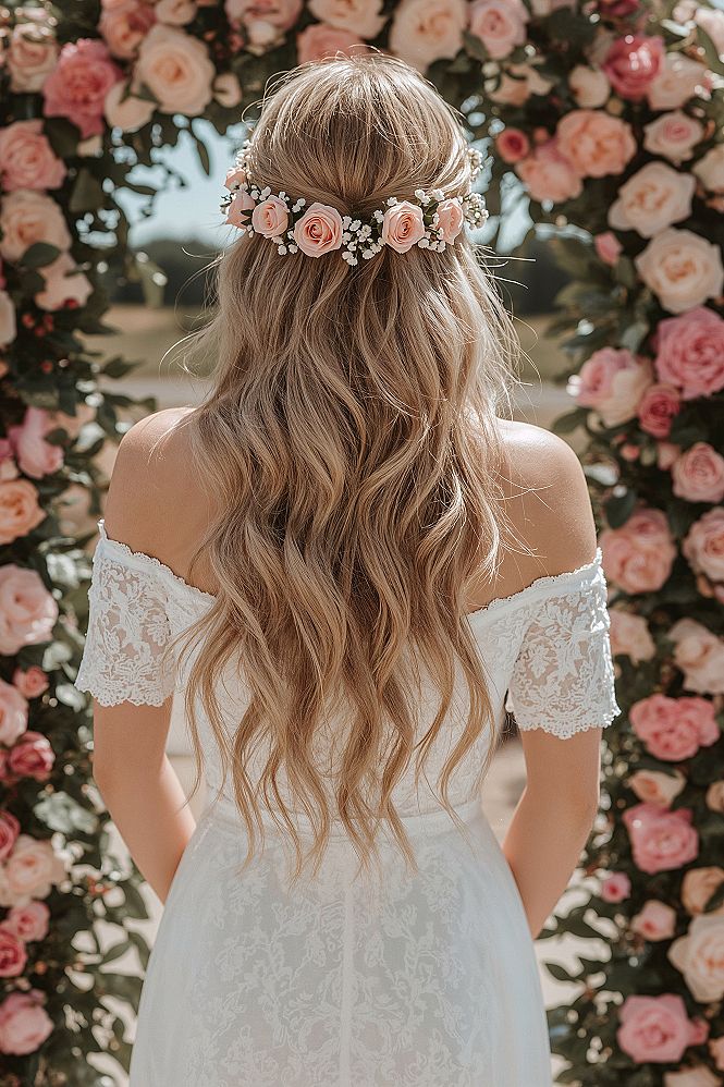 Dreamy Half-Up Wedding Hairstyle with Floral Headpiece