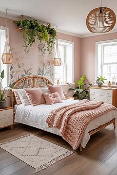 Pink Boho Rattan Bedroom: Charming Makeover & Nature Inspired Decor