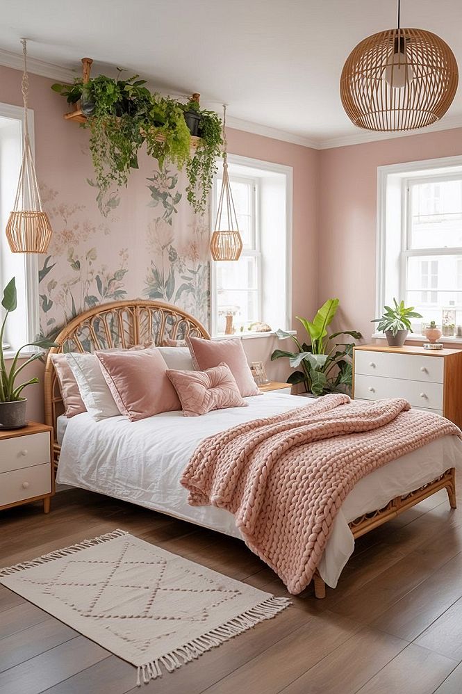 Pink Boho Rattan Bedroom: Charming Makeover & Nature Inspired Decor