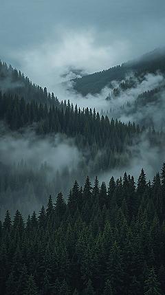 Mystical Foggy Forest: Dreamy Mountain Aesthetic Wallpaper