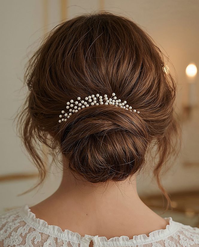 Chic Wedding Updo Adorned with Scattered Pearl Hair Pieces