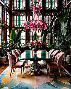 Dream House Interiors: Vibrant Maximalist Dining Room with Stained Glass Accents