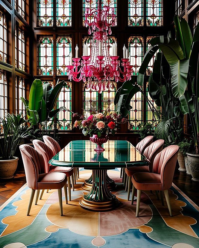 Dream House Interiors: Vibrant Maximalist Dining Room with Stained Glass Accents